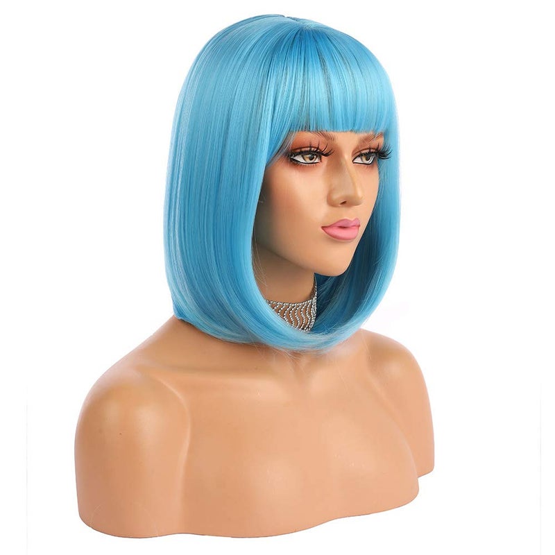 eNilecor Short Bob Hair Wigs 12" Straight with Flat Bangs Synthetic Colorful Cosplay Daily Party Wig for Women Natural As Real Hair+ Free Wig Cap (Blue) - Image 1